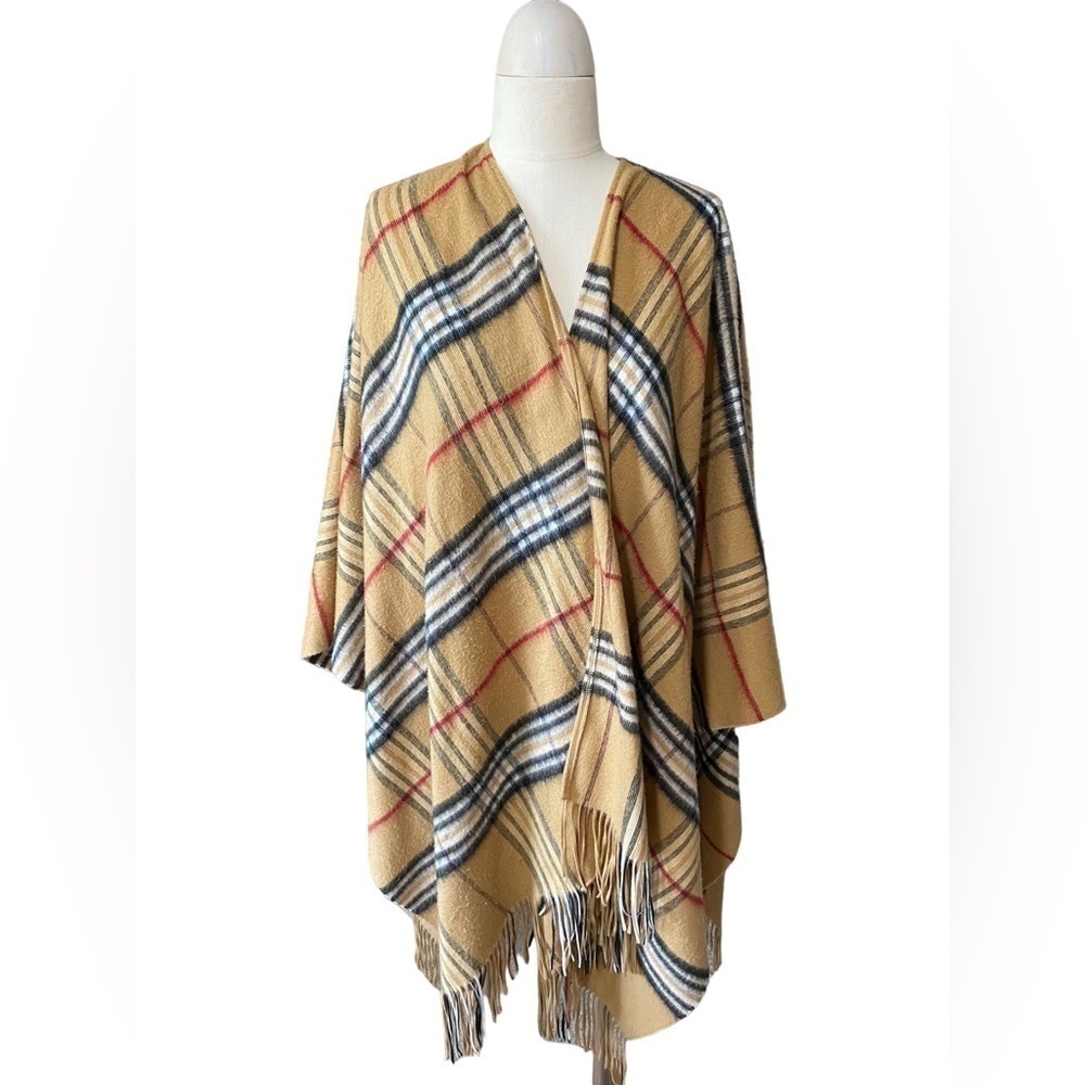 V Fraas Nova Check Camel Plaid Scarf Wrap Poncho with Fringe